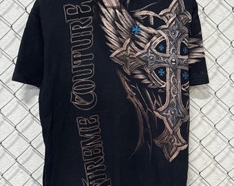 Vintage Y2K Affliction Style Xtreme Couture Cross Big Print Tee Size Large