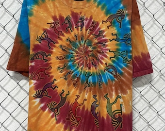 Camiseta vintage del suroeste con efecto tie-dye Kokopelli azul líquido de los años 90, talla XL