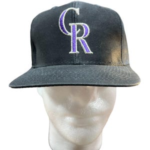 Vintage jaren 90 logo 7 Colorado Rockies zwarte baseballsnapbackhoed