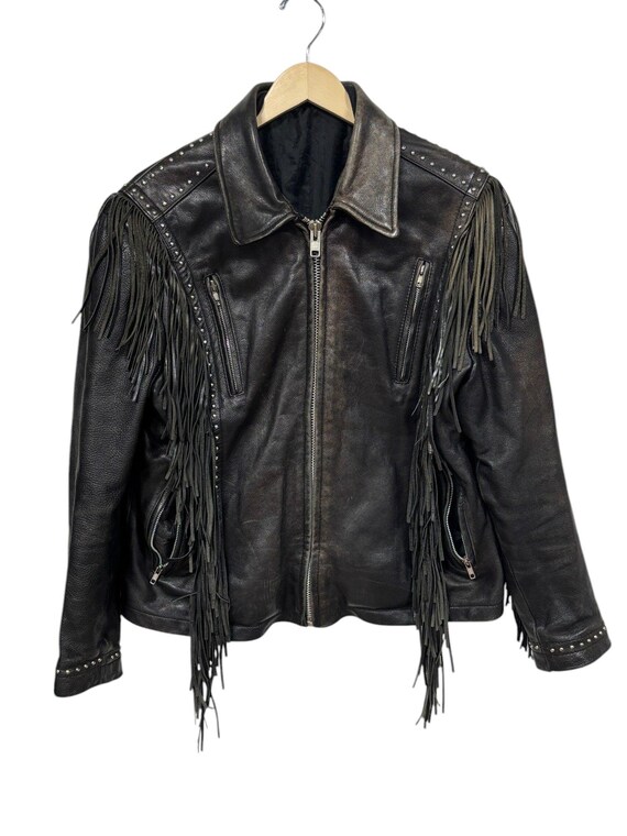 Chaps Motard Vintage En Cuir Shaf - Taille M, Noir, Franges Marron - Occasion, Fermeture éclair, USA