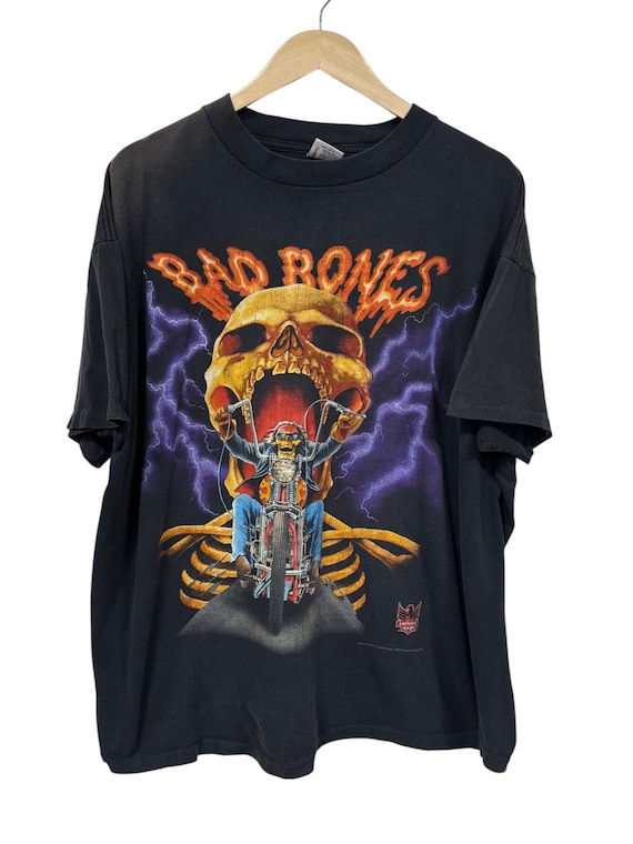 Vintage 90's American Biker Bad Bones 3D Emblem Big Print Graphic