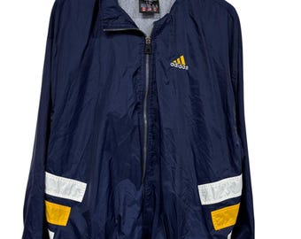 Vintage 90's Adidas Big Logo Navy Blue Gold Windbreaker Jacket Size XL