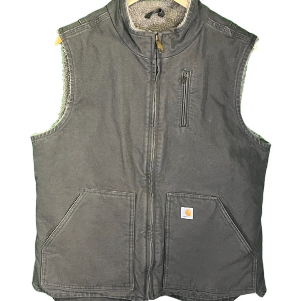 Vintage Carhartt Sherpa Lined Full Zip Work Vest Grey Size XL