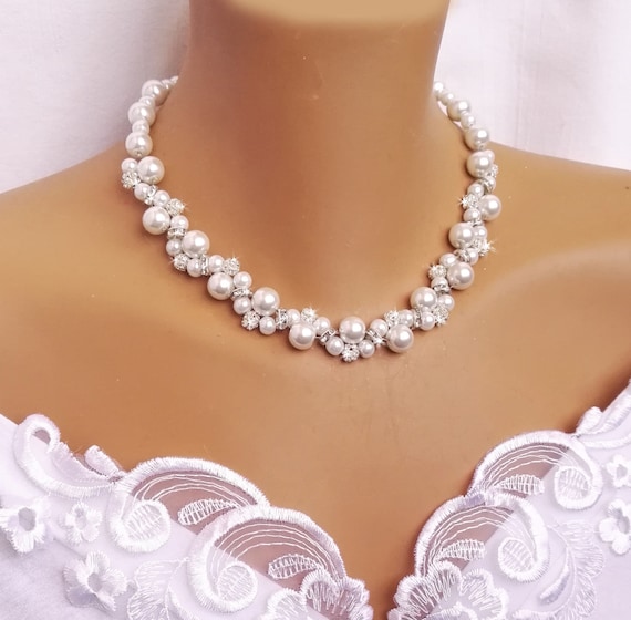 Bride Jewelry Set Rhinestones And Pearl Jewelry Set White Etsy etsy