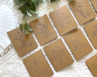 SALE!!! Set of 12 Brown Kraft Hand Drawn Blank Notecards, Freehand Lettered, Handwritten, Encouragement, Gift Idea