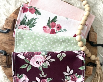 SALE!!! Set of 4 Burgundy Floral Burp Cloths, Baby Gift, Baby Girl, Newborn, Baby Shower