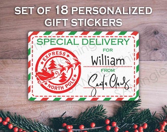 May include: A set of 18 personalized gift stickers. Each sticker features a red and green border with the words "Special Delivery" and a graphic of Santa's sleigh. The stickers are personalized with the name "William" and signed "Santa Claus."
