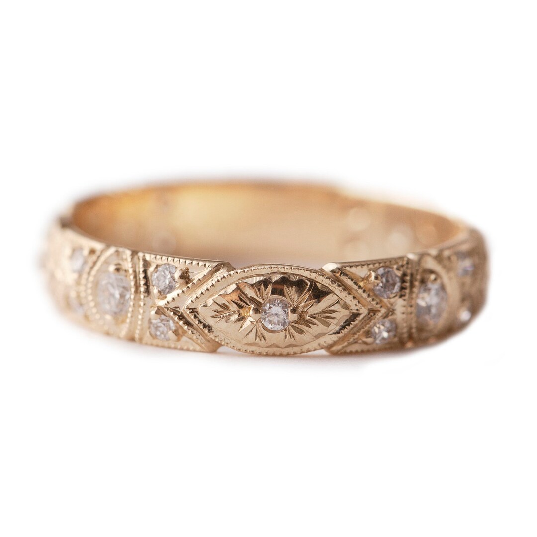 X.O. 14K Handengraved Eternity Diamond Wedding Band. Antique Style