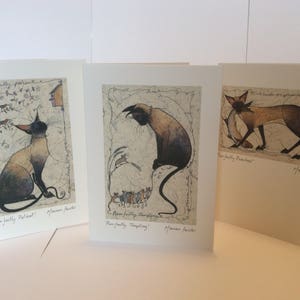 Un juego de 3 hermosas tarjetas de gato siamés, por la galardonada artista de Emsworth, Marian Forster