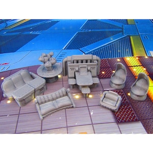May include: A set of seven gray 3D printed miniature furniture pieces for a sci-fi themed tabletop game or diorama. The set includes a couch, two chairs, a table, and a console.