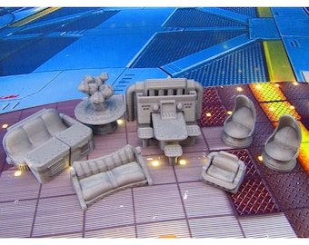 7pc Lobby Lounge Waiting Room Furniture Set Scenery Scatter Terrain 3D Printed Model 28/32mm Scale Sci Fi Cyber Punk Steampunk Science Ficti