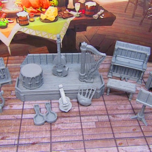May include: A set of gray plastic musical instruments, including a drum, harp, piano, guitar, bagpipes, and a music stand. The instruments are arranged on a gray wooden surface.