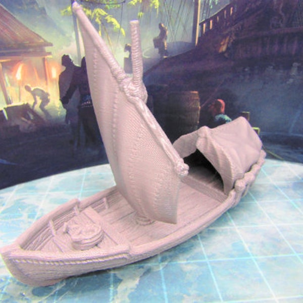 Bateau à voile Skiff avec abri, paysage de terrain dispersé, modèle imprimé en 3D, échelle 28/32 mm Fantasy RPG, jeu de table, couleur argent/gris