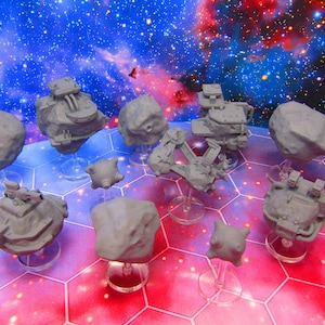 11 Piece Asteroid Space Ore Mines Starfinder Fleet Scale Starship Mini Miniature Spaceship Game Pieces + Flight Stand & Rod