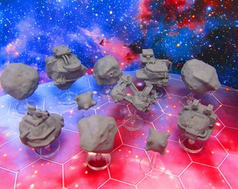 11 Piece Asteroid Space Ore Mines Starfinder Fleet Scale Starship Mini Miniature Spaceship Game Pieces + Flight Stand & Rod