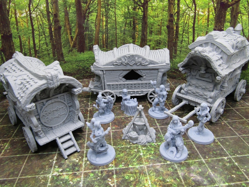 13 Piece Travelling Sideshow Camp w/ Wagons Scenery Terrain Mini Miniatures 3D Printed 28/32mm Scale RPG Fantasy Games Dungeons Dragons image 1