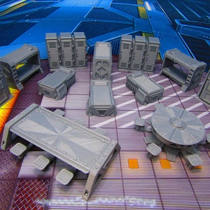 May include: A set of 3D printed gray plastic sci-fi furniture pieces for tabletop gaming. The set includes a table, chairs, beds, lockers, and a round table with chairs.