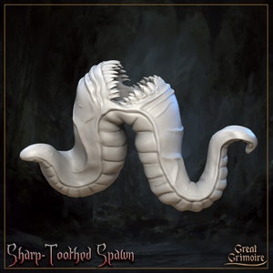 May include: A 3D printed model of a sharp-toothed creature with a large mouth and a long, segmented body. The creature is in a curled position, with its head facing forward and its tail curled around its body. The model is painted in a light gray color.