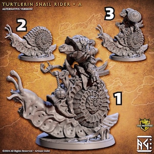 May include: A set of three miniature figurines depicting a turtlekin riding a snail. The turtlekin is wearing armour and holding a weapon. The snails are detailed with intricate shell patterns. The figurines are labelled with numbers 1, 2, and 3.