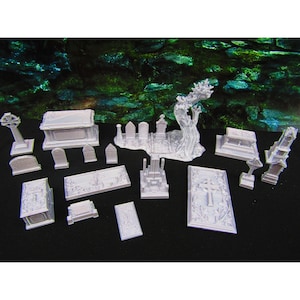 17pc Gravestone Tombstone Set Graveyard / Cemetery Scatter Terrain Scenery Tabletop Gaming Mini Miniature 3D Printed D&D Wargaming etc.