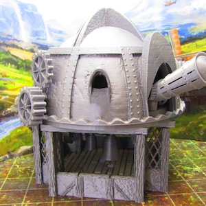 May include: A grey, 3D printed model of a steampunk-style tower with a large cannon on top. The tower has a wooden base and a metal dome with gears and rivets. The cannon is pointed to the right.