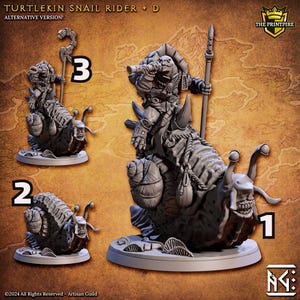 May include: A miniature figurine of a turtlekin riding a snail. The turtlekin is holding a spear and wearing armour. The snail is detailed with a shell and tentacles. The figurine is painted in shades of grey and brown. The figurine is labelled with the numbers 1, 2, and 3.