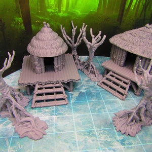 11pc Swamp / Marsh Huts and Trees Set Scatter Terrain Scenery 3D Printed Model 28/32mm Scale Fantasy RPG Tabletop Gaming Dungeons & Dragons