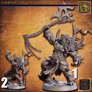 May include: Two gray plastic miniature figures of a large, muscular, male orc warrior with a chain-axe and a smaller, muscular, male orc warrior with a spear. The larger orc is labeled "1" and the smaller orc is labeled "2". The background is a brown, textured surface with a map pattern.