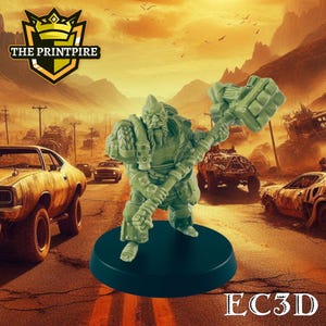 Wasteland Barbarian | Dwarf Hammer Beserker | Post Apocalypse Bad Guy Miniature Figure | Wasteland Warfare Cyber Punk Dystopian Future |
