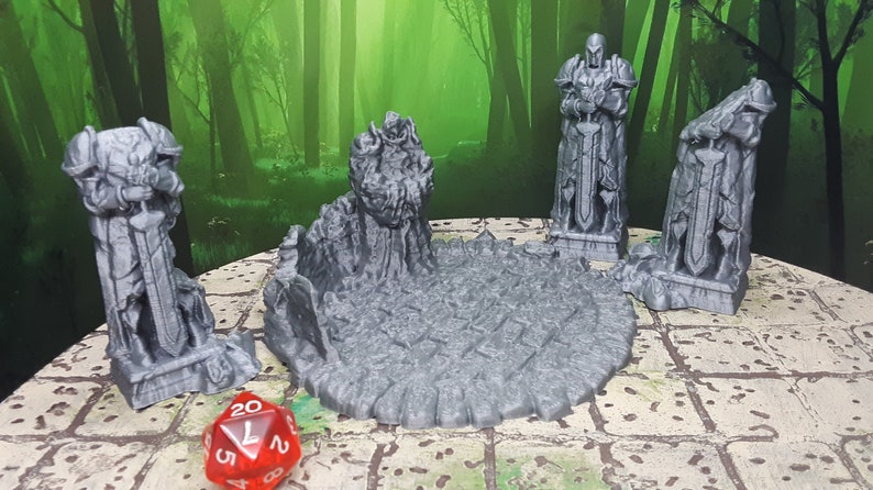 May include: A set of five gray 3D printed miniature statues of knights in armor, standing on a gray stone base. The statues are broken and weathered, with swords held in their hands. The base is a circular platform with a textured surface.