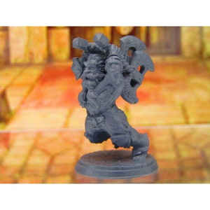 May include: A gray plastic miniature figurine of a dwarf warrior holding a large axe. The dwarf is wearing a helmet and armor, and has a beard. The figurine is standing on a round base.