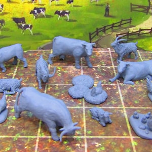 12pc Farm Animals Livestock Set Cows Chickens Goats Mini Miniature 3D Printed Figure Model 28/32mm Scale Fantasy Dungeons Dragons Tabletop
