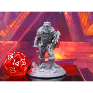 May include: A gray 3D printed miniature of a humanoid figure with a bear head, wearing a fur cloak and holding an axe. The figure is standing on a round base.
