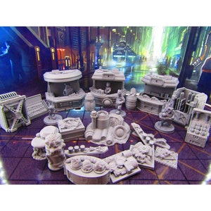 33pc Sci Fi Black Markets Stall Set w/ Merchants Miniatures Minis Set Scenery Terrain 3D Printed Model 28/32mm Scale Sci Fi Cyber Punk