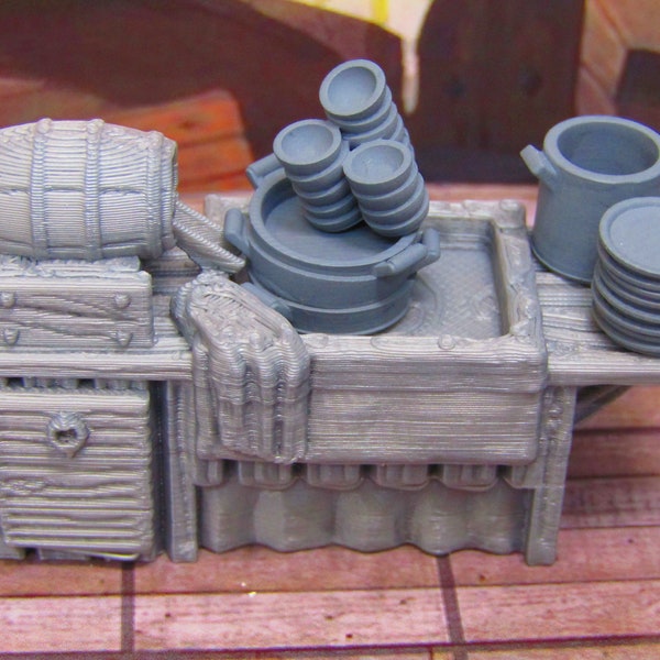 5pc Inn Tavern Restaurant Kitchen Sink & Dishes Set Scenery Scatter Terrain Props 3D Printed Minis 28/32mm Scale Fantasy RPG Tabletop Gaming