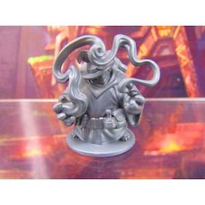May include: A grey plastic miniature figurine of a wizard wearing a pointed hat and flowing robes. The wizard is casting a spell, with swirling smoke emanating from their hands.