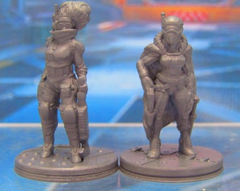 Female Human Sci Fi Bounty Hunter Mercenary Pair Mini Miniature 3D Printed Model 28/32mm Scale Sci Fi Science Fiction RPG Tabletop Gaming