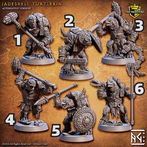 May include: Six grey 3D printed miniature figures of turtlekin warriors, each with a different weapon and pose. The figures are numbered 1 through 6. The text "Jadeshell Turtlekin" and "Alternative Version!" is at the top of the image. The text "The Printpire" is at the top right of the image.