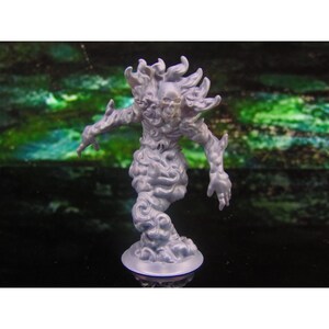 May include: A gray and white miniature figurine of a fire elemental. The elemental is depicted as a humanoid figure with a skull-like head and a body made of swirling smoke. The figurine is standing on a round base.