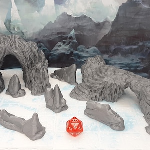 8 Piece Rocky Icy Mountain Scatter Terrain Scenery Set 28mm Dungeons & Dragons 3D Printed Mini Miniature Model Wilds of Wintertide