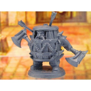 May include: A gray plastic miniature figurine of a dwarf trapped inside a barrel with two axes. The dwarf is wearing a hat and has a beard. The barrel is decorated with rope and has a lid.