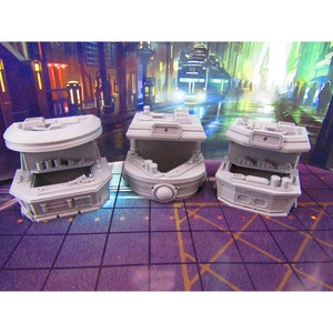 12 pc Set of 3 Sci Fi Black Market Stalls & Wares Set Scenery Terrain 3D Printed Model 28/32mm Scale Sci Fi Cyber Punk Steampunk