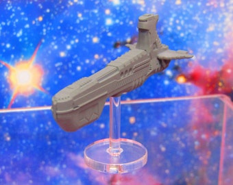 May include: A gray spaceship model with a detailed design, mounted on a clear plastic stand against a blue and pink starry background.