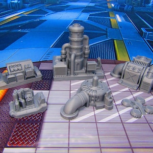 May include: Five gray 3D printed miniature models of industrial machinery, including a tall tower with pipes, a large fan, a smaller fan, a round machine with a pipe, and a smaller machine with pipes.