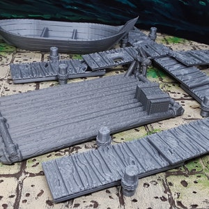 10 Piece Ship Dock Board Walk Set with Boat and Raft 28mm Scale Fantasy Scatter Terrain for RPG Fantasy Games Dungeons & Dragons 3D Printed