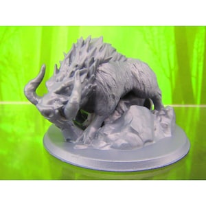 May include: A grey 3D printed miniature of a boar with a spiky mane and large tusks. The boar is standing on a rocky base.