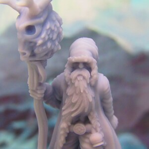 May include: A miniature figurine of a bearded figure wearing a hooded cloak and holding a staff topped with a skull. The figure is painted in a light purple color.