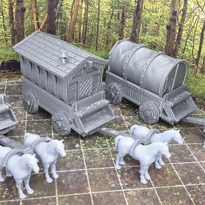 3 Wagon Caravan W/ Horses 28mm Scale Fantasy Terrain Tile Decoration Model for RPG Tabletop Fantasy Games Dungeon's and Dragons 3D Printed