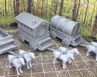 3 Wagon Caravan W/ Horses 28mm Scale Fantasy Terrain Tile Decoration Model for RPG Tabletop Fantasy Games Dungeon's and Dragons 3D Printed