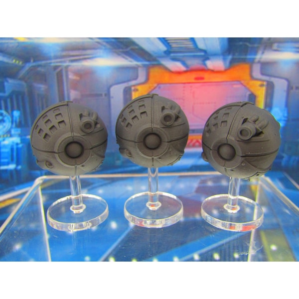 3 Sphere Robot Drones w/ Flight Stands Mini Miniature 3D Printed Figure Model 28/32mm Scale Sci Fi Science Fiction RPG Tabletop Gaming